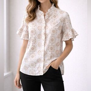 Abbey Glass Sadie Top White Medallion Eyelet & Floral Ruffle Blouse - NWOT